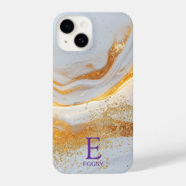 White marble chic gold glitter monogram iPhone 14 hülle