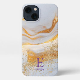 White marble chic gold glitter monogram iPhone 13 hülle
