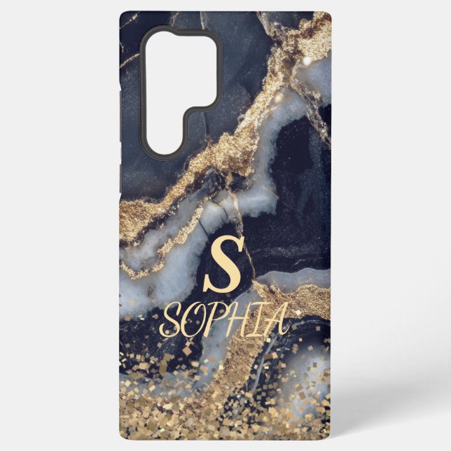 white marble chic gold glitter monogram samsung galaxy hülle (Rückseite)
