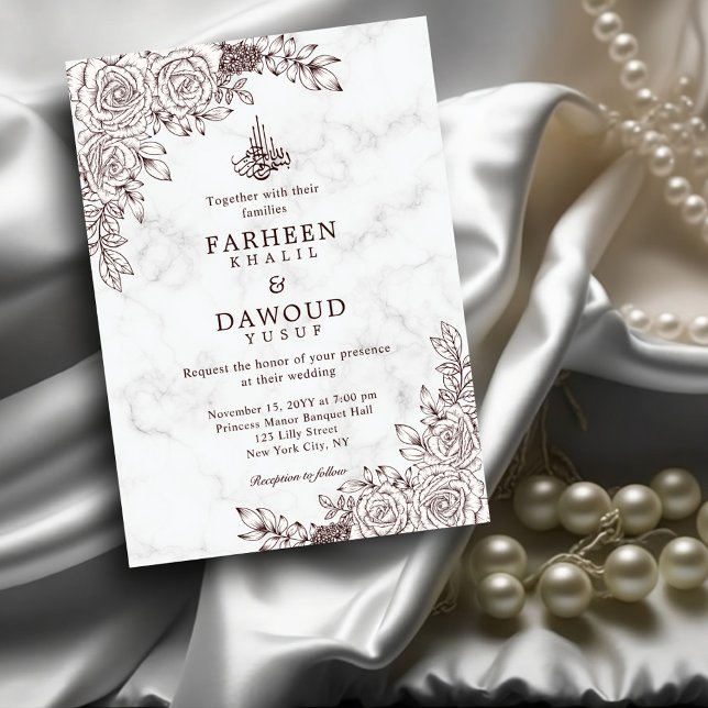 White Marble Floral Lace Islamic QR Code Hochzeit Einladung (Von Creator hochgeladen)