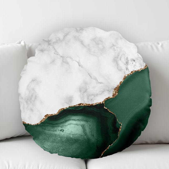 White Marble Gilded Emerald Green Agate Rundes Kissen (Von Creator hochgeladen)