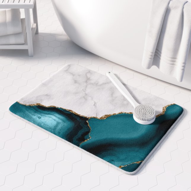 White Marble Gilded Teal Blue Agate Badematte (Von Creator hochgeladen)
