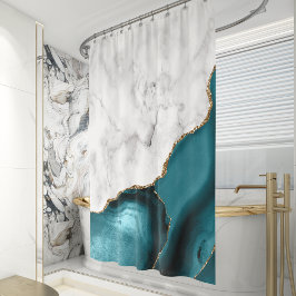 White Marble Gilded Teal Blue Agate Duschvorhang