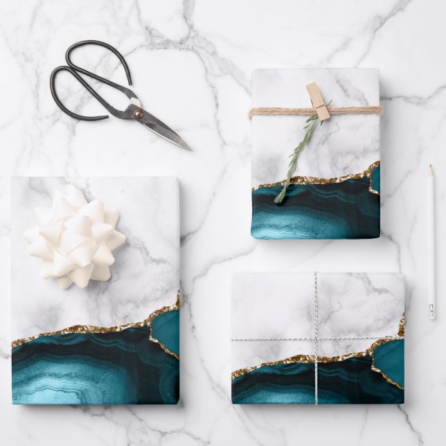 White Marble Gilded Teal Blue Agate Geschenkpapier Set (Vorderseite)