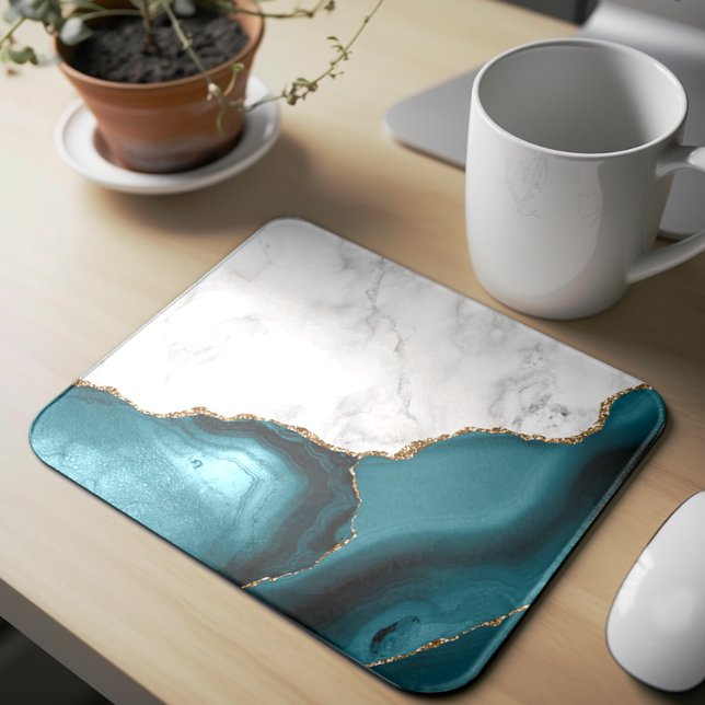 White Marble Gilded Teal Blue Agate Mousepad (Von Creator hochgeladen)