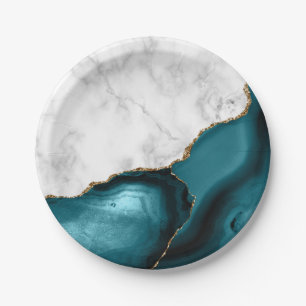 White Marble Gilded Teal Blue Agate Pappteller