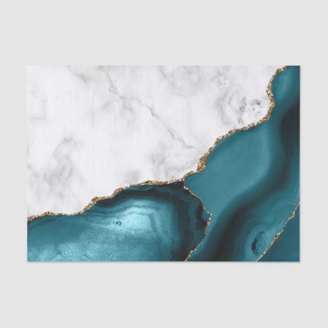 White Marble Gilded Teal Blue Agate Seidenpapier (Vorderseite)
