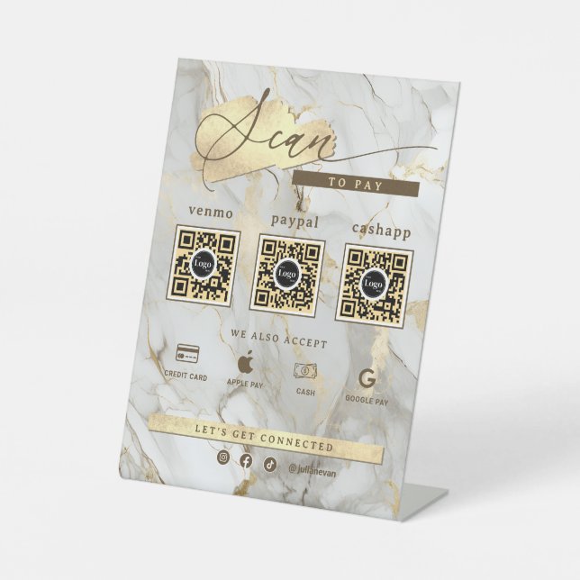 White Marble Gold Agate 3 Qr Code Scan To Pay Sockelschild (Vorderseite)