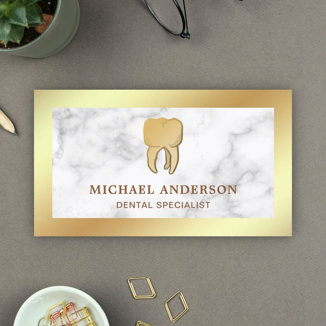 White Marble Gold Foil Dental Clinic Zahnarzt Visitenkarte (Von Creator hochgeladen)