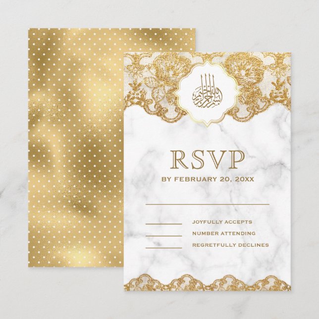White Marble Gold Foil Lace Islamische Hochzeit RSVP Karte (Vorne/Hinten)