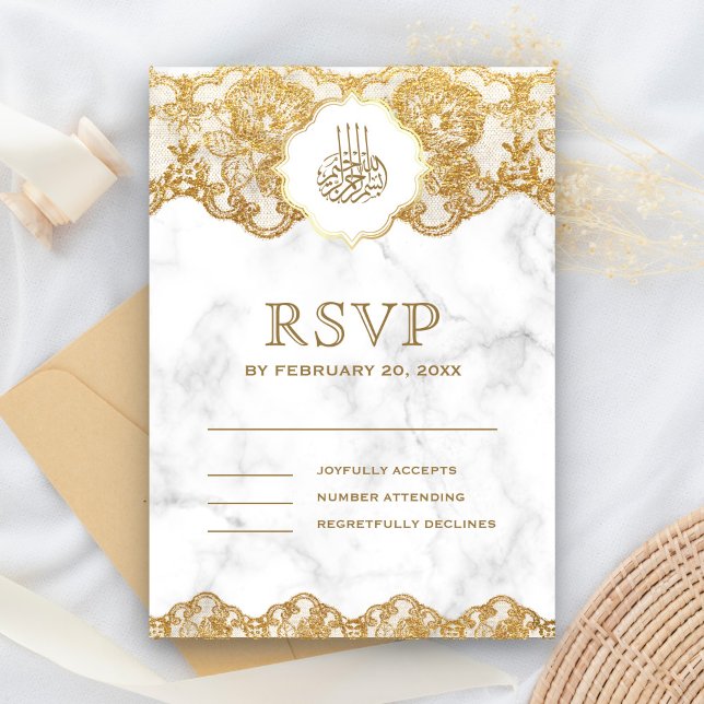 White Marble Gold Foil Lace Islamische Hochzeit RSVP Karte (Von Creator hochgeladen)