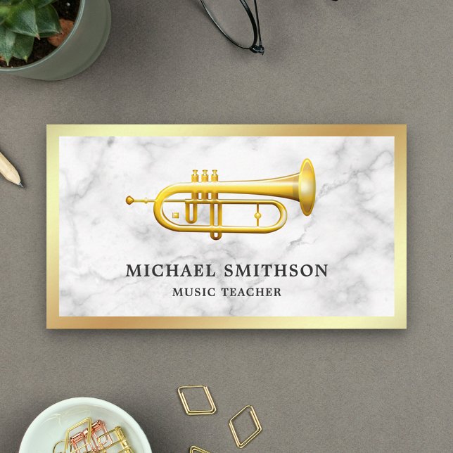 White Marble Gold Foil Trumpet Music Teacher Visitenkarte (Von Creator hochgeladen)