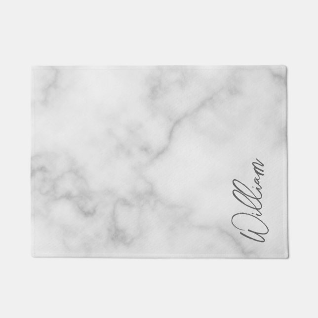 White Marble Modernes Script Personalisiert Name Fußmatte (Vorderseite)