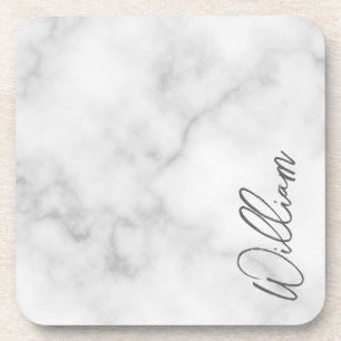 White Marble Modernes Script Personalisiert Name Getränkeuntersetzer