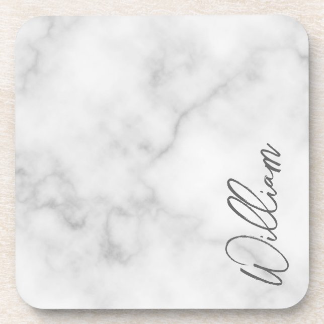 White Marble Modernes Script Personalisiert Name Getränkeuntersetzer (Vorderseite)