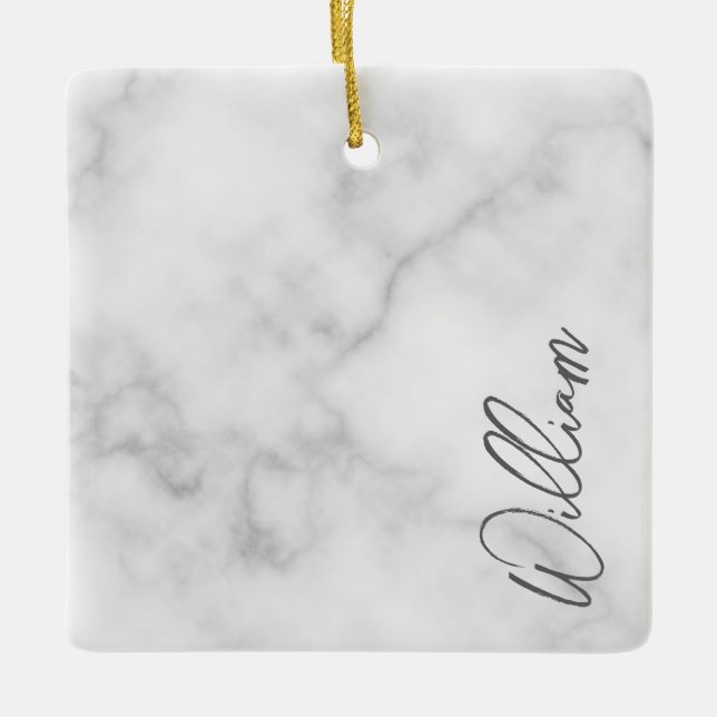 White Marble Modernes Script Personalisiert Name Keramikornament (Vorderseite)
