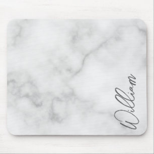 White Marble Modernes Script Personalisiert Name Mousepad