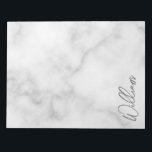 White Marble Modernes Script Personalisiert Name Notizblock<br><div class="desc">Moderne Minimalistische Personalisierte Namensschilder Dieses Design zeichnet sich durch einen personalisierten Namen in grauem,  modernem Schriftart mit Schrift aus weißem Marmor aus.</div>