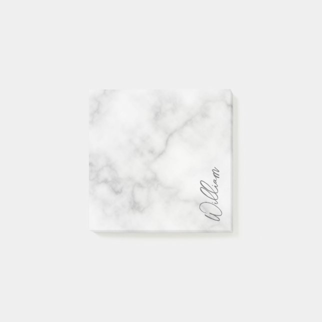 White Marble Modernes Script Personalisiert Name Post-it Klebezettel (Vorderseite)