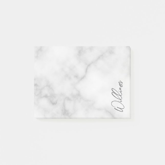 White Marble Modernes Script Personalisiert Name Post-it Klebezettel (Vorderseite)