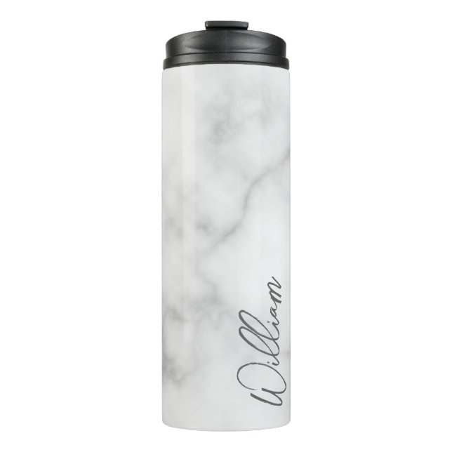 White Marble Modernes Script Personalisiert Name Thermosbecher (Vorderseite)