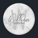 White Marble Modernes Script Personalisierte Trauz Magnet<br><div class="desc">Moderne Minimalistische Personalisierte Monogramm- und Namensgeschenke Dieses Design zeichnet sich durch einen personalisierten Namen im modernen, grauen Stil der Handschrift Schriftart und Monogramm in hellgrauem, modernem Sans Serif Schriftart Stil als Hintergrund aus, mit dem Titel in grau modernen Sans Serif Schriftart Stil, auf weißem Marmor Hintergrund. Auch perfekt für Trauzeuge,...</div>