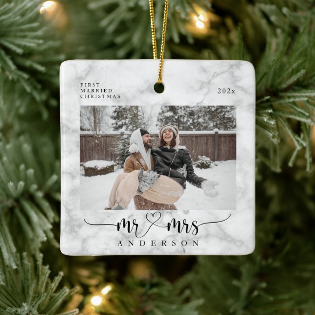 White Marble Mr. and Mrs. First Verheiratet Christ Keramikornament (Baum)