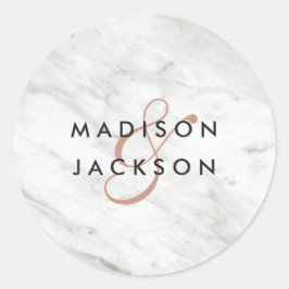 White Marble & Rose Gold Moderne Monogram Wedding Runder Aufkleber