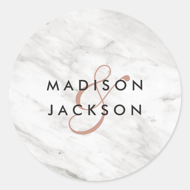 White Marble & Rose Gold Moderne Monogram Wedding Runder Aufkleber (Vorderseite)