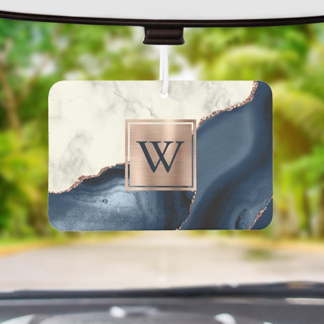 White Marble Rose Gold Navy Blue Agate Monogram Autolufterfrischer (Von Creator hochgeladen)
