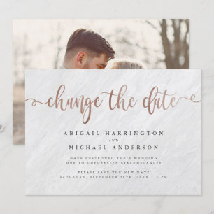 White Marble & Rose Gold Script ändern das Datum Einladung