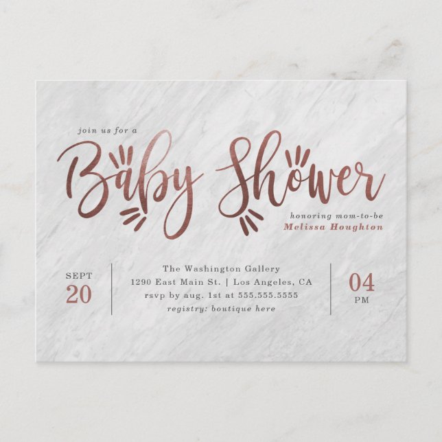 White Marble & Rose Gold Script Kinderdusche Einladungspostkarte (Vorderseite)