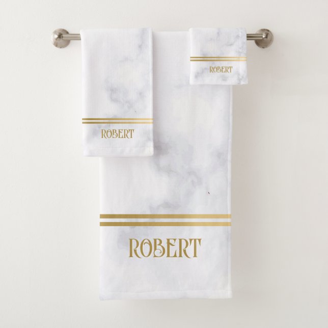 White marble texture with gold stripes  badhandtuch set (Insitu)