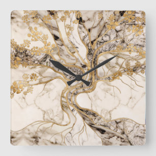 White Marble Tree of Life Abstract Quadratische Wanduhr