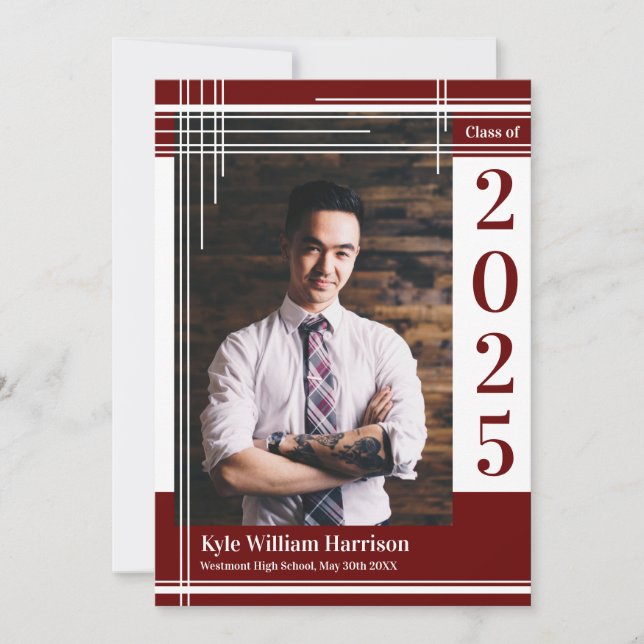 White Maroon School Colour Abschluss Foto Kariert Einladung (Vorderseite)