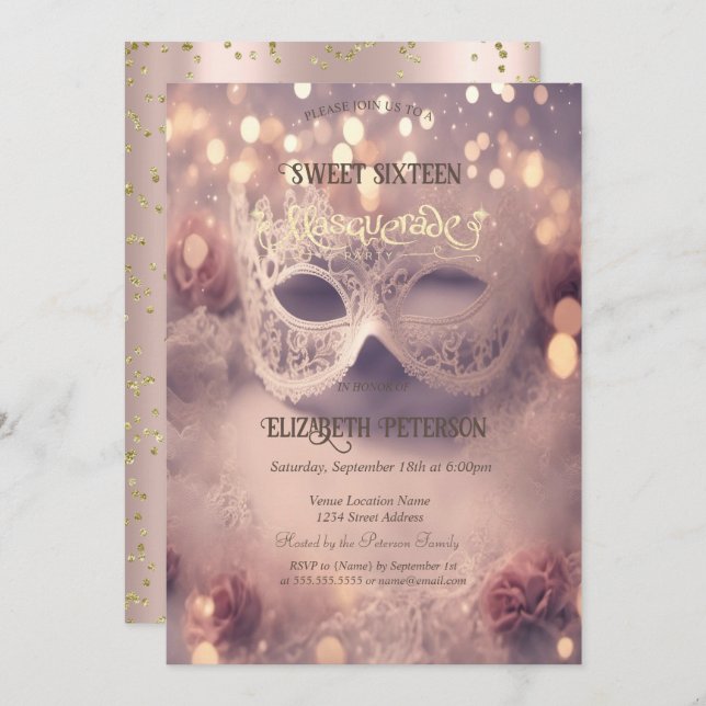 White Masque Diamonds Rose Gold Sweet 16 Einladung (Vorne/Hinten)