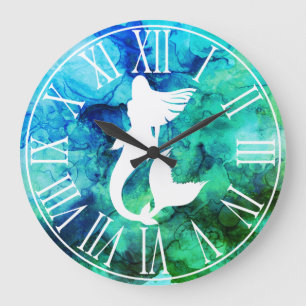 White Mermaid Silhouette & Ocean Wirbel Große Wanduhr