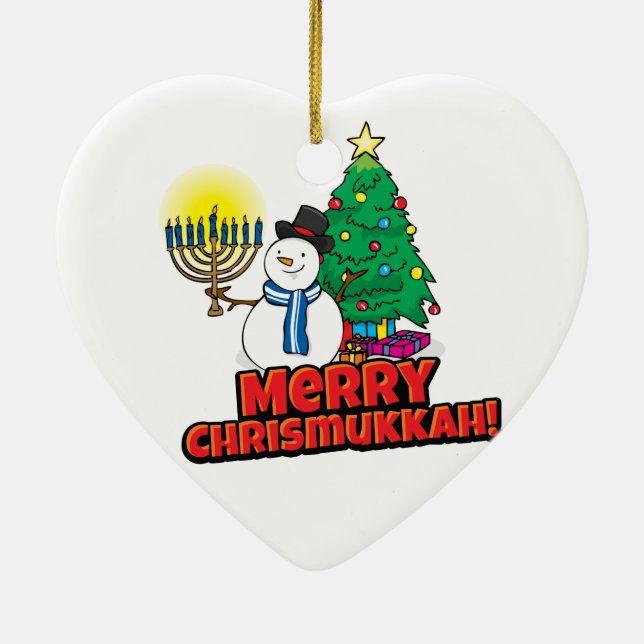 White Merry Chrismukkkah mit Snowman und Menorah Keramikornament (Hinten)