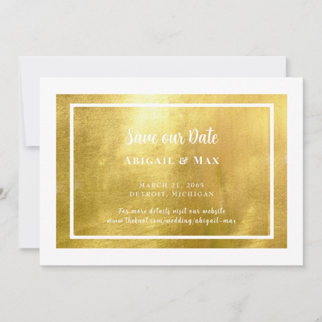 White & Metallic Gold Glam Save the Date (Vorderseite)