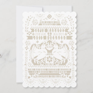 White Mexican Fantail Doves Papel Picado Wedding Einladung