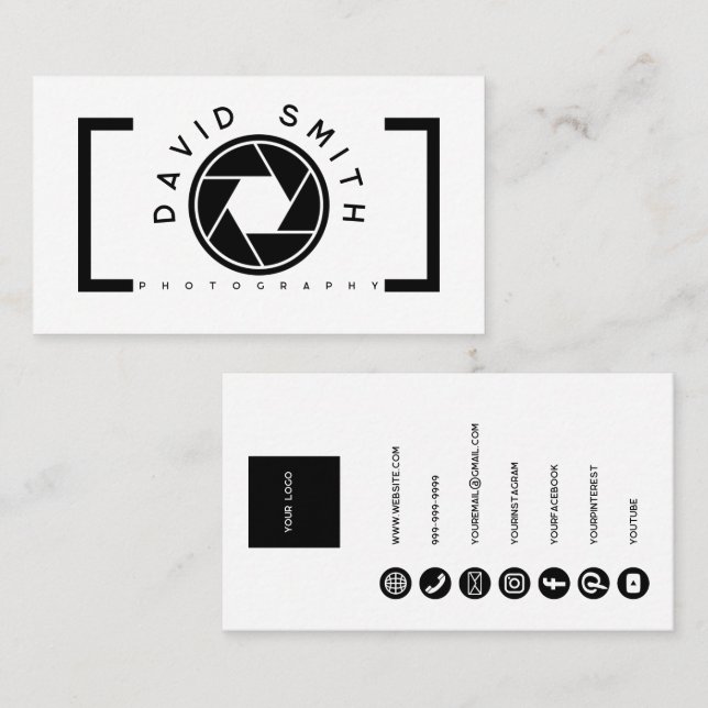 White Minimalist Camera Photographer Business Card Visitenkarte (Vorne/Hinten)