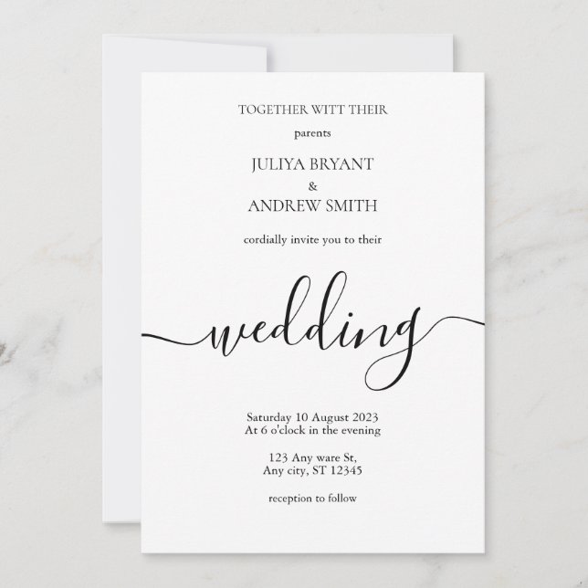 White Minimalist Script Hochzeit Einladung (Vorderseite)