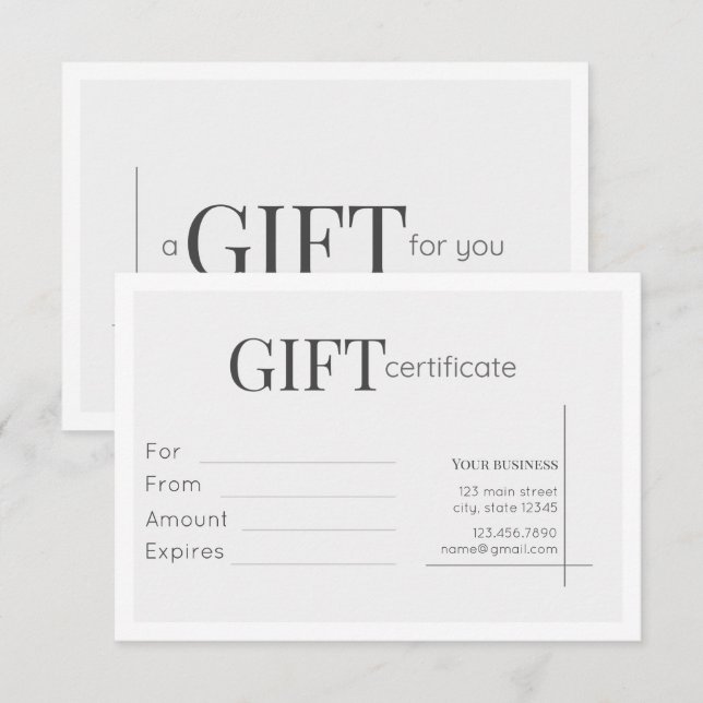 White Minimalistic Business Geschenkgutschein (Vorne/Hinten)