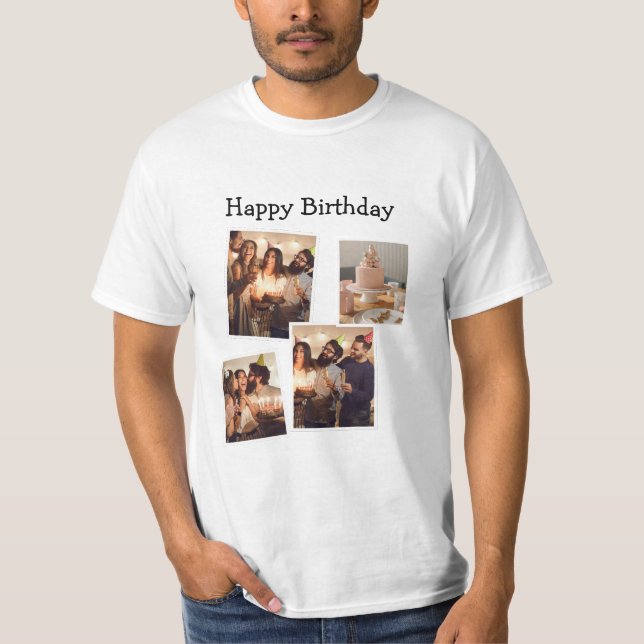 White Minimalistisch Birthday Foto Collage T - Shi T-Shirt (Vorderseite)