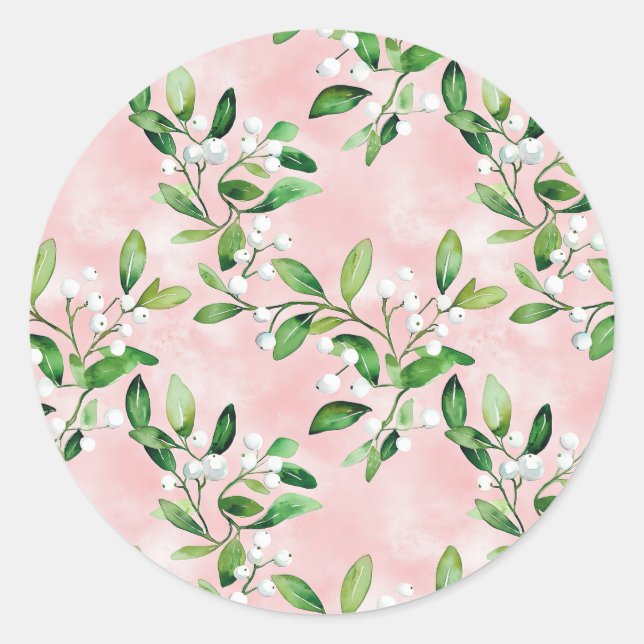 White Mistletoe On Pink Vintage Weihnachten Runder Aufkleber (Vorderseite)