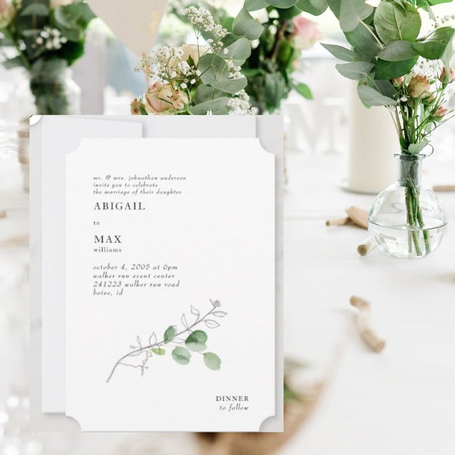 White Modern Botanical Foliage Ticket Wedding Einladung (Von Creator hochgeladen)