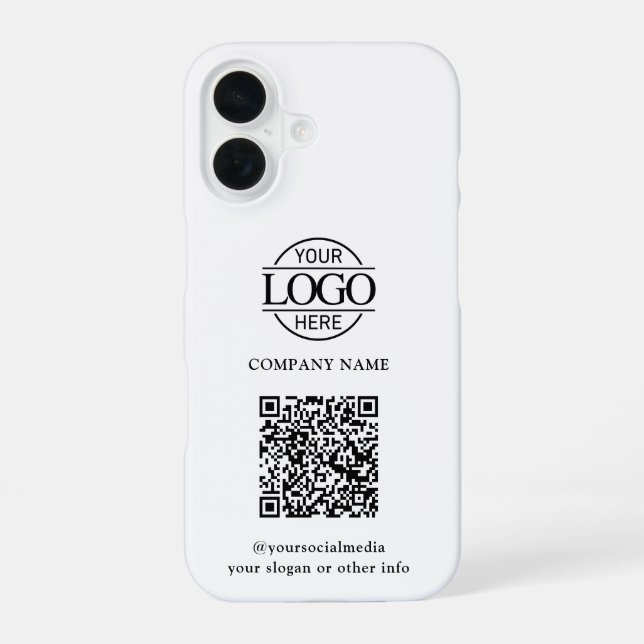 White Modern Business Logo & QR Code Promotional iPhone 16 Hülle (Rückseite)