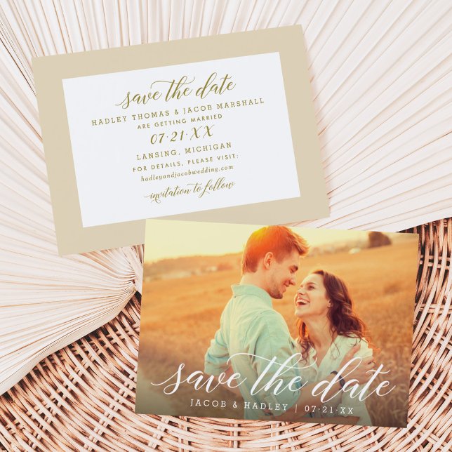 White Modern Calligraphy Wedding Foto Save The Date (Von Creator hochgeladen)