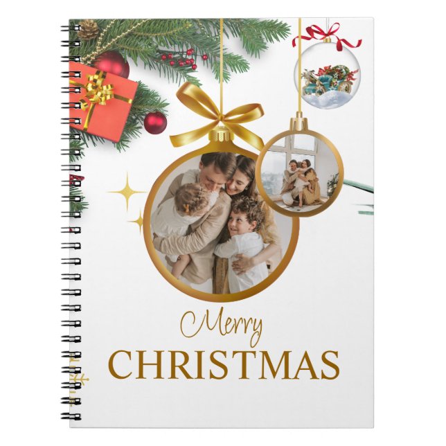White Modern Frohe Weihnachts Spiral Foto Notebook Notizblock (Vorderseite)
