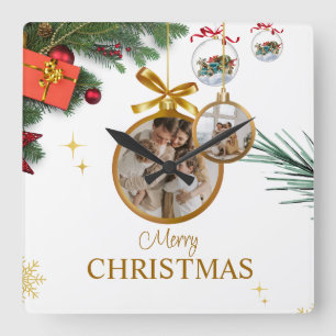 White Modern Merry Christmas 10,75" Acryl Quadratische Wanduhr